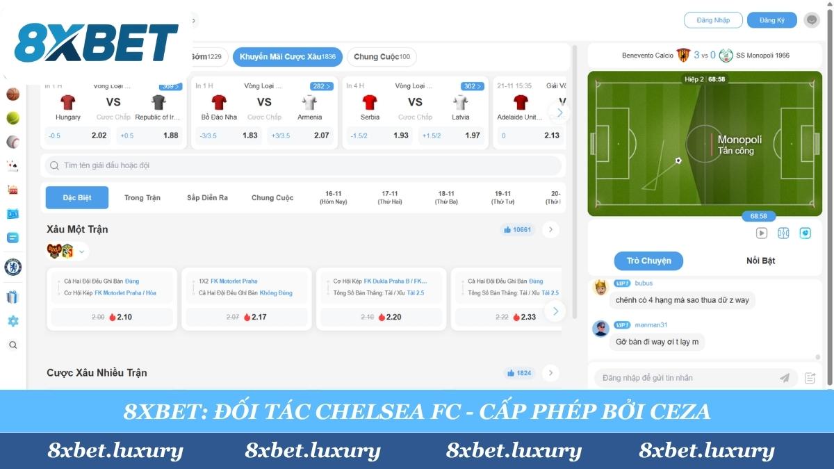 8xbet khẳng định vị thế uy tín trên thị trường cá cược bóng đá, vừa là đối tác chính thức của Chelsea FC, vừa được cấp phép hợp pháp bởi CEZA và chứng nhận minh bạch từ iTech Labs.
