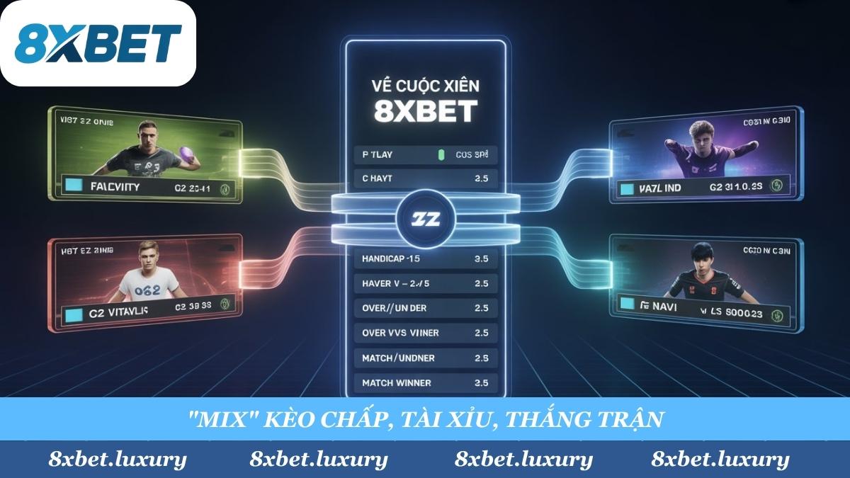 Hướng dẫn "mix" kèo xiên CS2 tại 8xbet. Kết hợp kèo chấp, tài xỉu, thắng trận từ nhiều trận đấu Major, IEM, BLAST khác nhau vào một vé cược.